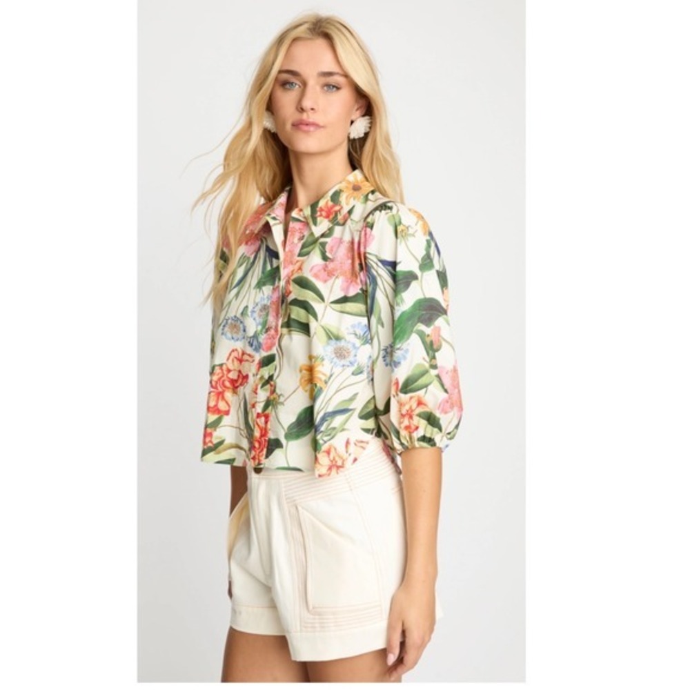 Chico's Blouse Women 2 White Floral Square Neck Puff‎ Sleeve Cotton Blend Top